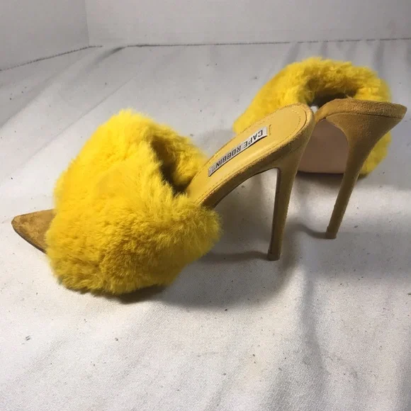 Cape Robbin Women’s Sexy Yellow Faux Fur and Suede 4 1/2 Inch Slip On Stilettos